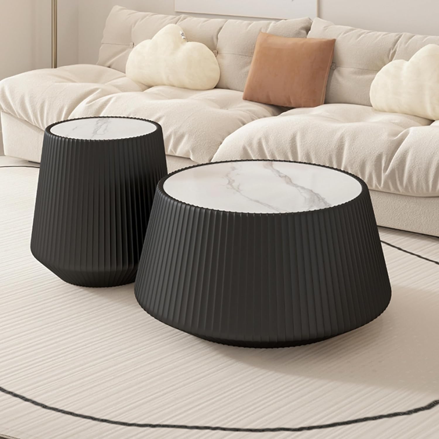 Black Round Coffee Table with Sintered Stone Tabletop, 17.71' Drum Coffee Table with Fluted PU Leather Covered and Stable Base, Circle Cocktail Tea Table for Living Room