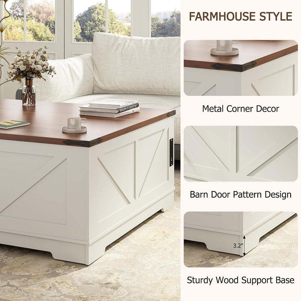 EAG 40' Large Farmhouse Lift Top Coffee Table with Hidden Compartment & Power Outlets, Square Wooden Coffee Table with Multi-Function Flip-Top Ample Storage Center Table for Living Room, White