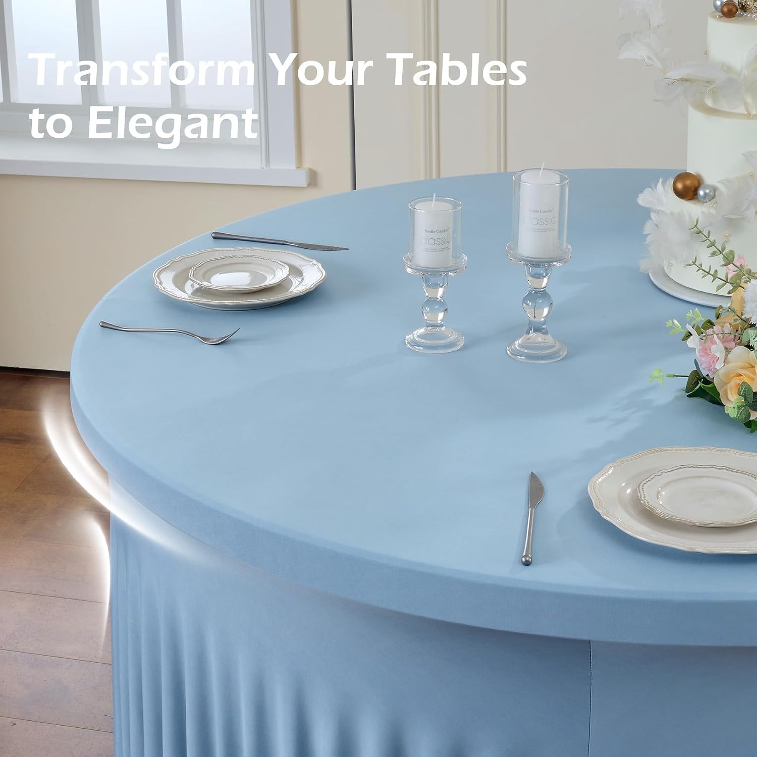 NSSONBEN 6 pk Dusty Blue Spandex Round Table Cloths for 60inch Table, Wrinkle Free 120inch Stretchy Fitted 5ft Round Table Covers with Skirt for Wedding Birthday Graduation Parties Banquet Events