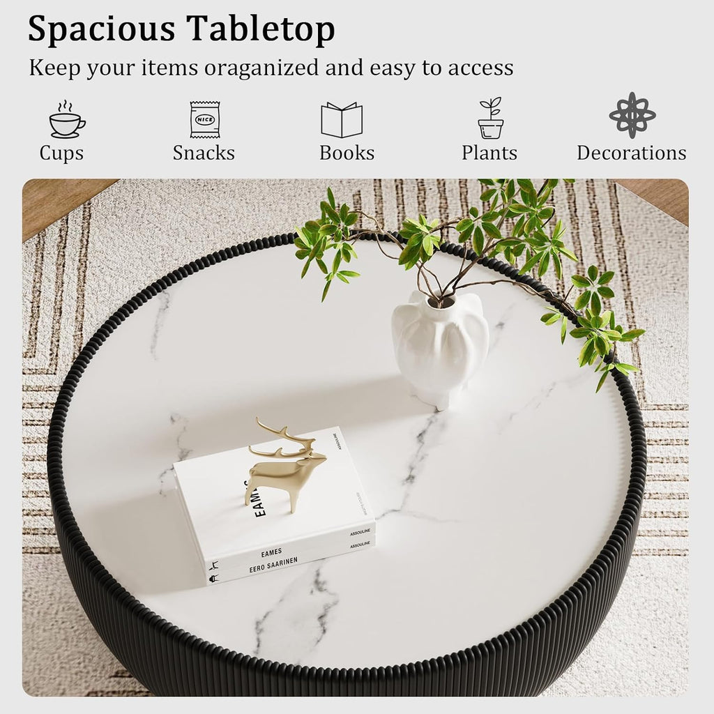 Black Round Coffee Table with Sintered Stone Tabletop, 27.56' Drum Coffee Table with Fluted PU Leather Covered and Metal Base, Circle Cocktail Tea Table for Living Room