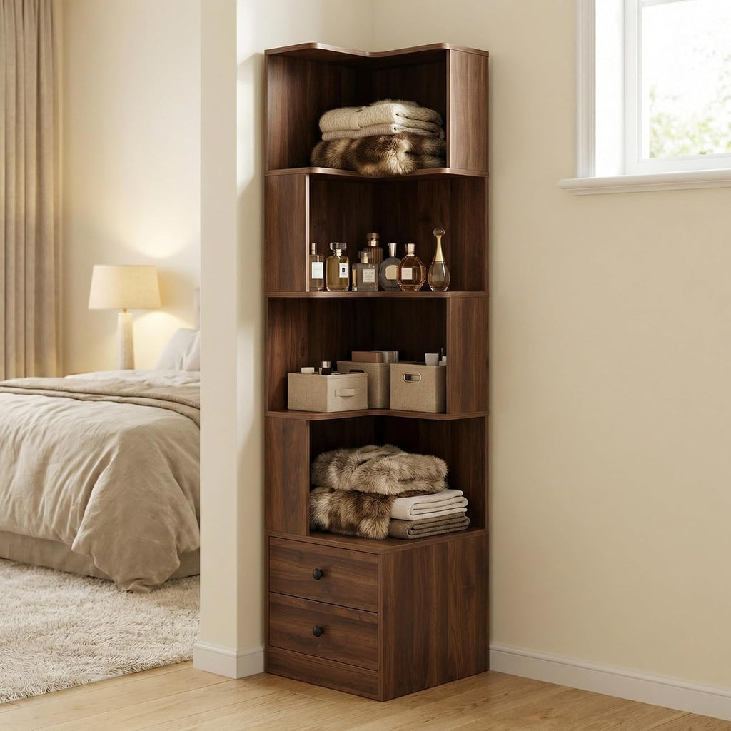 4 Tier Corner Bookshelf with Drawers, L Shaped Freestanding Corner Bookcase with LED Lights and Baffle, Space Saving Display Shelf for Living Room, Bedroom, Home Office, Kitchen(Walnut)