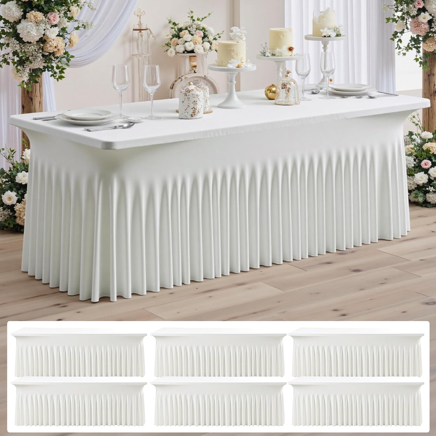 6 pk Ivory Spandex Tablecloth for 8 Foot Rectangle Tables,Wrinkle Free High Stretchy Cream Fitted Tablecloths with Ruffle Skirt, Elastic Spandex Table Covers 8 ft for Parties Weddings Banquet