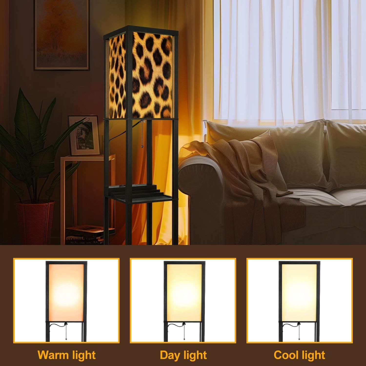 Floor Lamp with Shelves Leopard Cheetah Animal Print Seamless Tile Standing Tall Lamp USB Ports & Power Outlet Modern Corner Lamp Nightstand Light for Living Room Bedroom