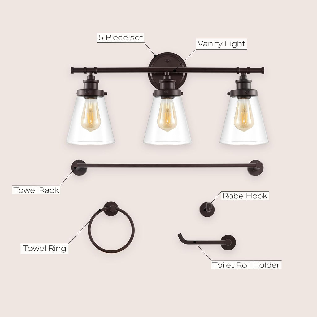 JONATHAN Y JYL1507A Hollis 23.75' 3-Light Traditional Farmhouse Vanity Light with Bathroom Hardware Accessory Set, Oil Rubbed Bronze (5-Piece) - Towel Bar & Ring, Toilet Paper Holder, Robe Hook