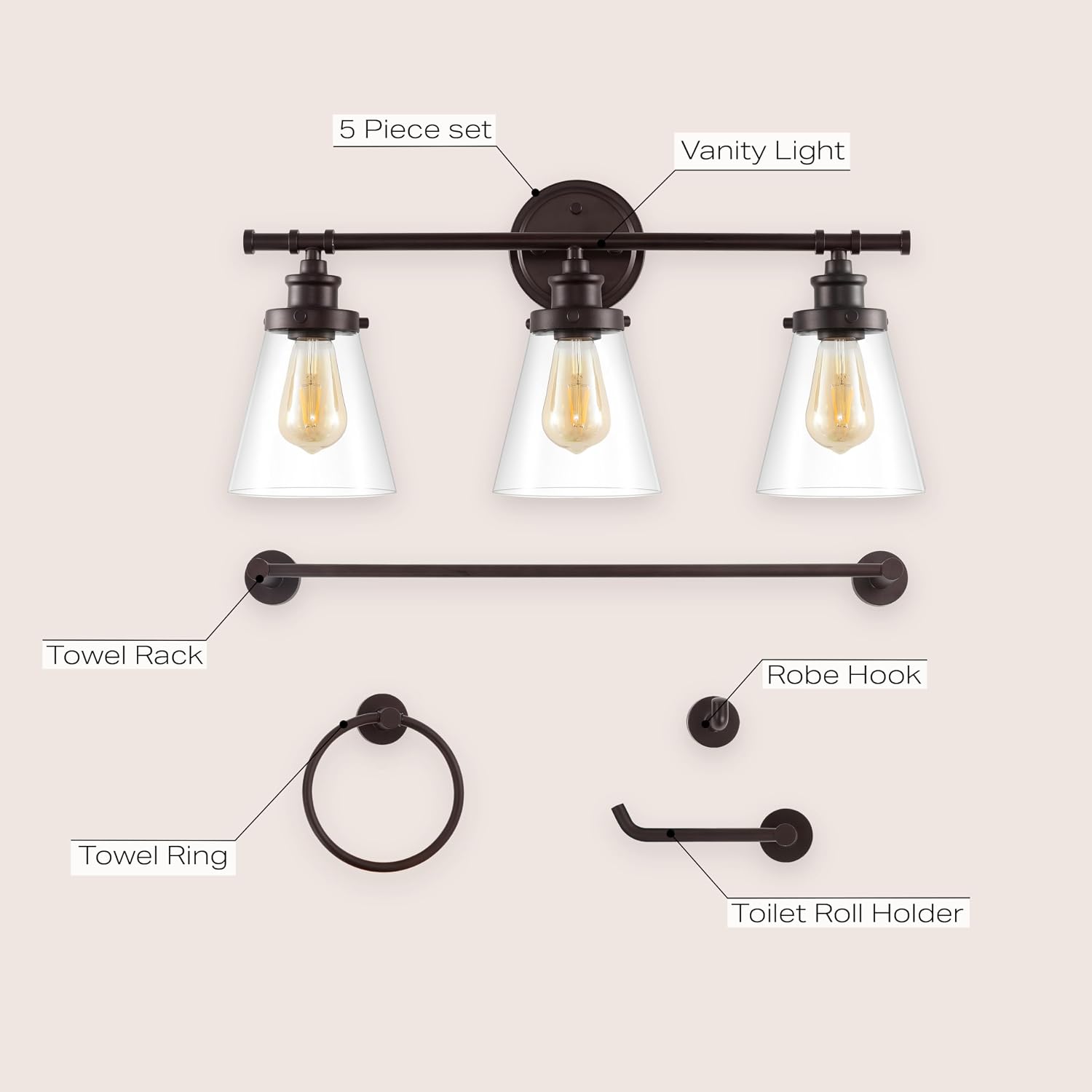 JONATHAN Y JYL1507A Hollis 23.75' 3-Light Traditional Farmhouse Vanity Light with Bathroom Hardware Accessory Set, Oil Rubbed Bronze (5-Piece) - Towel Bar & Ring, Toilet Paper Holder, Robe Hook