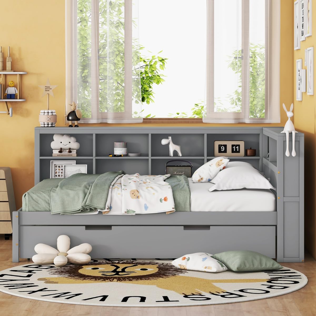 Full Size Daybed with Storage Bookcase, Twin Trundle and Charging Station, Wooden Platform Bed with Bookshelf for Kids Boys Girls, Grey