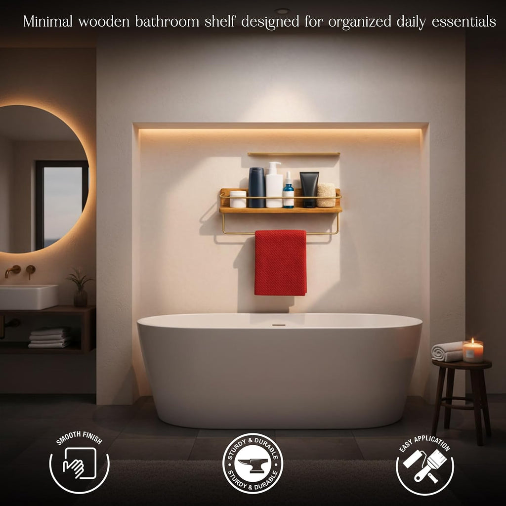 HOMORA Solid Wood Bathroom Shelf with Gold Towel Bar – Wall Mounted Toiletry Organizer, Walnut-Style Wall Shelf for Bathroom & Kitchen Storage, Wooden Shelf with Brass Rail