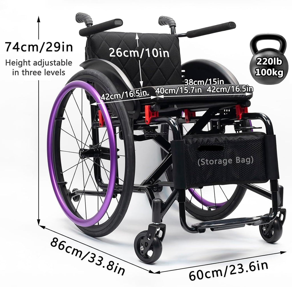 Sports Wheelchair For Adult,Lightweight Foldable All Terrain Sports Wheelchair,Self-propelled Manual Wheelchair With Handbrakes,Transport Wheelchairs With Anti-Tipper,for Teenagers, Adults, Seniors(Pu