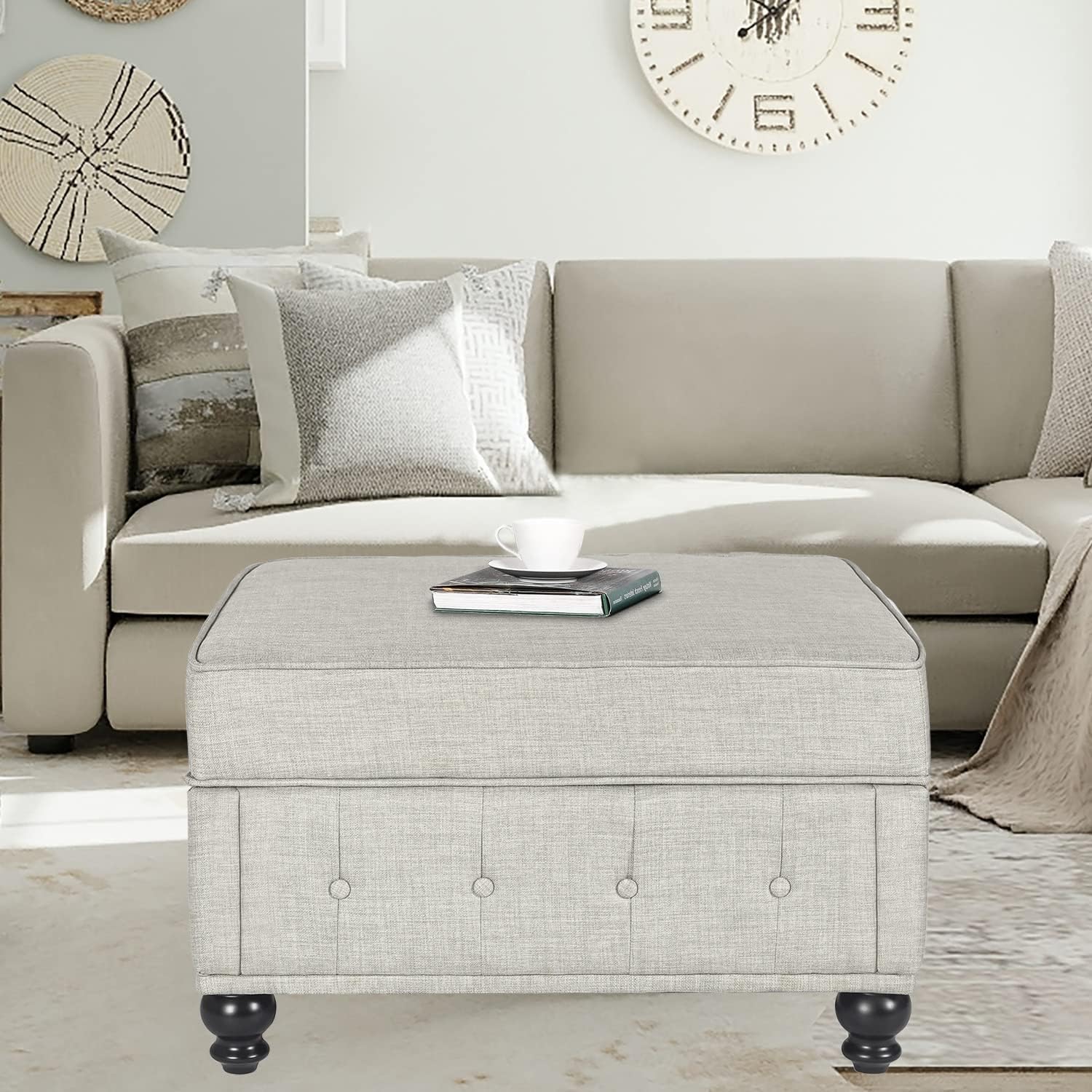 Joveco Storage Ottoman Bench Linen Button Tufted Entryway Bench with Wood Legs, Coffee Tables Footstool for Living Room Bedroom, Need to DIY Assemble/Put it Together,(Beige)