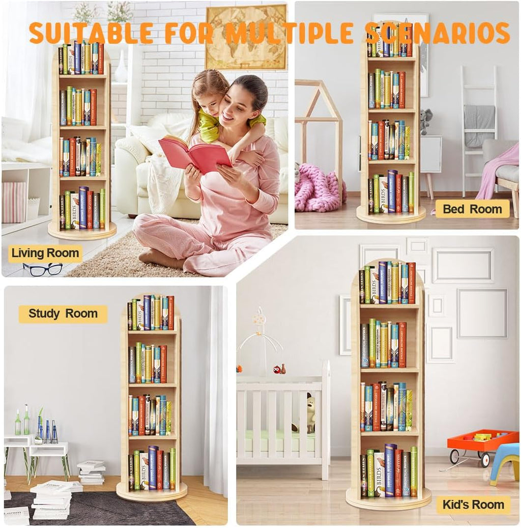 DELEMODUO Kids Rotating Bookshelf with Mirror, 48inch Wood Stading Floor Bookshelf for Small Space, 4 Tier Floor Standing Bookcase Storage Rack for Bedroom, Living Room, Study Room