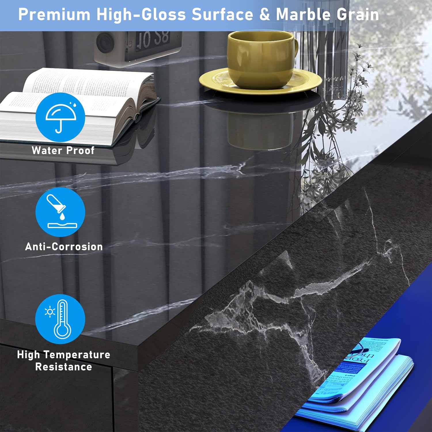 chartustriable 47.2' Large High-Glossy LED Coffee Table with 2 Sliding Drawers, Living Room Storage Coffee Tables with Marbling Print, Modern Stylish Double-Layer Center Tables w/LED Lights, Black