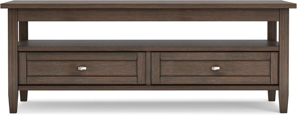 SIMPLIHOME Warm Shaker Coffee Table - 48 inch Wide Solid Wood Coffee Table in Farmhouse Brown, Transitional Living Room Table with 2 Drawers, Open Shelf, Shaker Fronts and Tapered Legs