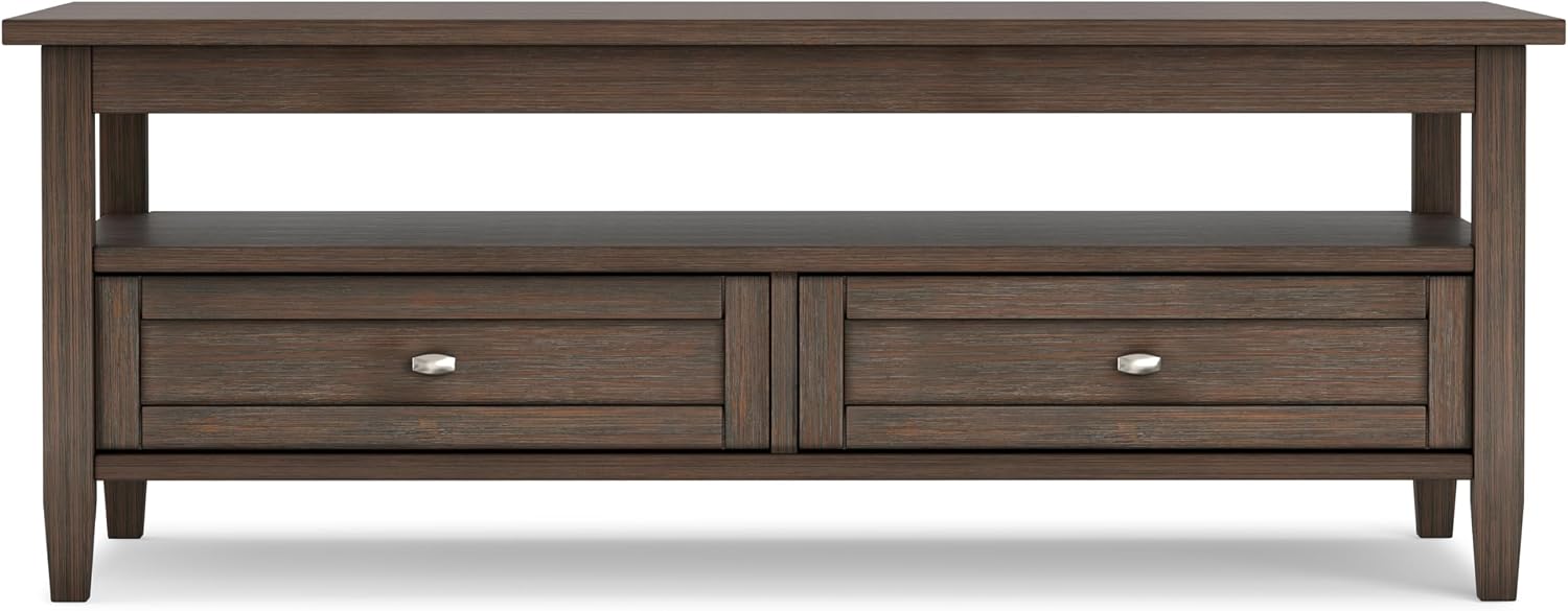 SIMPLIHOME Warm Shaker Coffee Table - 48 inch Wide Solid Wood Coffee Table in Farmhouse Brown, Transitional Living Room Table with 2 Drawers, Open Shelf, Shaker Fronts and Tapered Legs