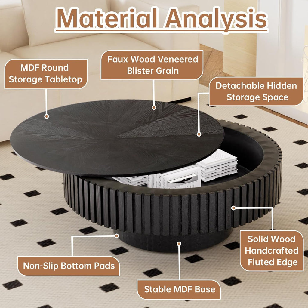 Round Coffee Table with Storage for Living Room Modern Black Fluted Drum Coffee Table 31.4 inch Low Round Storage Coffee Tables for Living Room (Black A, 31.4')