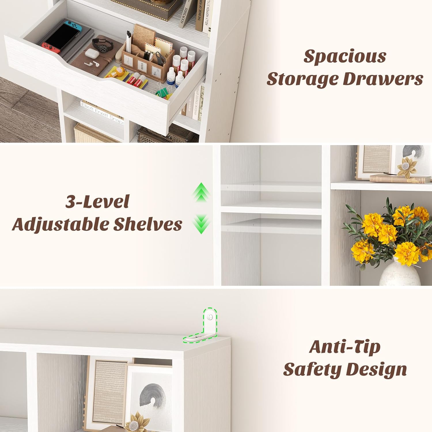 Armocity 16-Tier Tall Bookshelf Set of 2, 73.6' Narrow Freestanding Bookcase with 2 Drawers, Space-Saving Wood Display Shelves Storage for Living Room, Home Office Bedroom, White