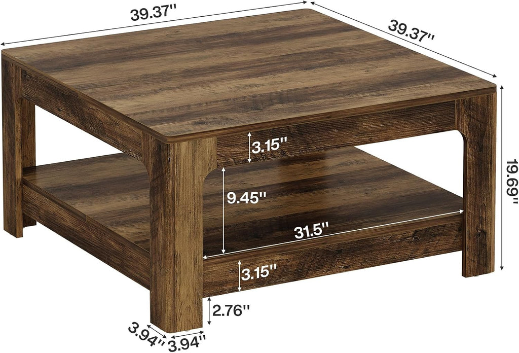 Tribesigns Square Coffee Table with Storage, 39.4-Inch Large Farmhouse Wooden Center Tea Accent Table for Living Room, Rustic Brown