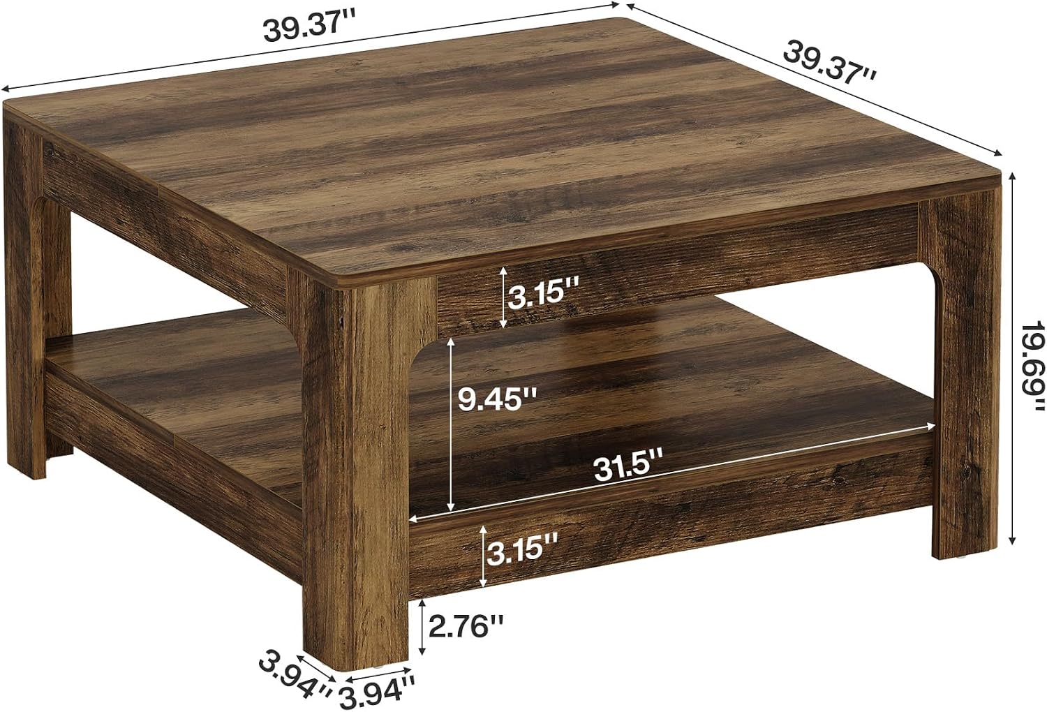 Tribesigns Square Coffee Table with Storage, 39.4-Inch Large Farmhouse Wooden Center Tea Accent Table for Living Room, Rustic Brown