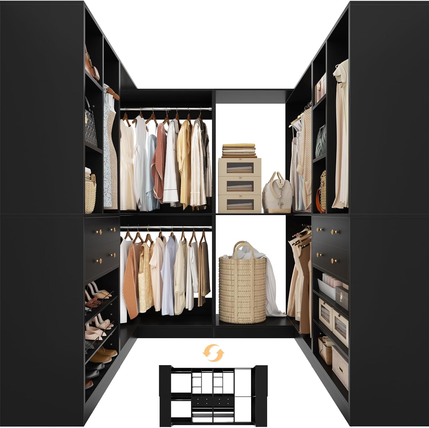 Besiost Closet System with 4 Drawers & Corner Tower, Closet Organizer System with 4 Hanging Robs, Reversible U Shaped Walk-in Closet System, Load 2600+LBS Capacity, Set of 4, Black