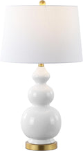 JONATHAN Y 27.5' White/Brass Gold Modern Ceramic Gourd Table Lamp for Living Room, Large Bedside Nightstand Lamp for Bedroom, White Linen Drum Shade, LED Bulb Included (JYL4023D)
