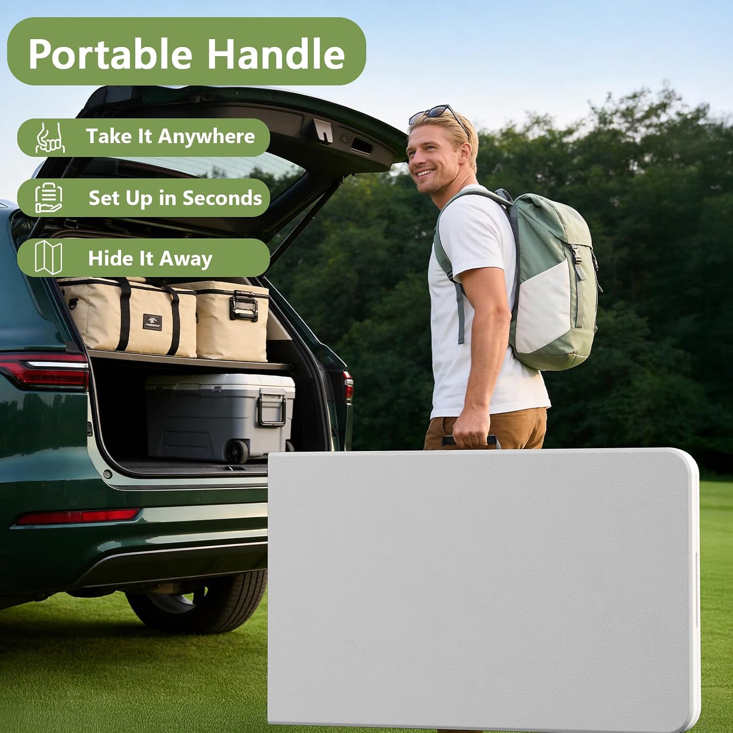8FT Folding Table, Heavy Duty Plastic Fold-in-Half Utility Table with Handle, Portable Camping Picnic Table with Steel Legs for Indoor Outdoor Party, Dining, White
