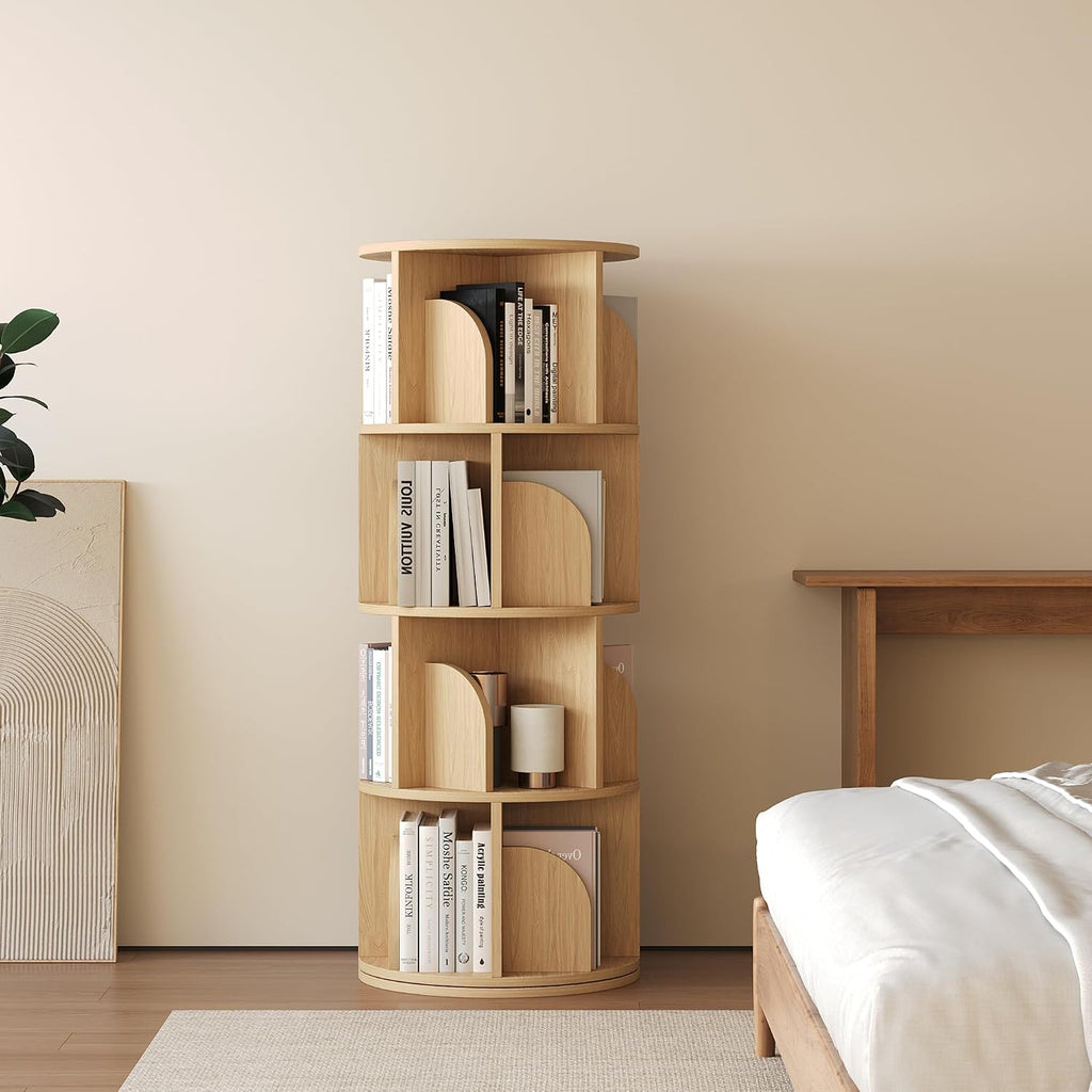 YOWOS Rotating Bookshelf, Small Corner Bookshelf for Small Space, 360 Display Floor Standing Bookcase Storage Rack, Wood Narrow Book Shelf Organizer for Bedroom, Living Room (Wood, 4 Tiers)