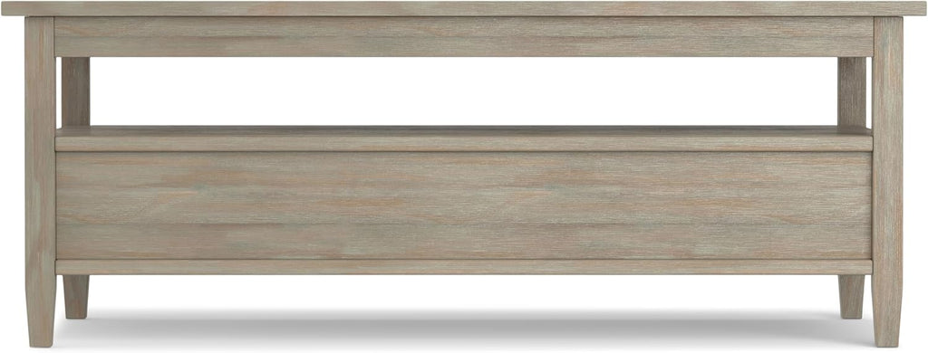 SIMPLIHOME Warm Shaker Coffee Table - 48 inch Wide Solid Wood Coffee Table in Distressed Grey, Transitional Living Room Table with 2 Drawers, Open Shelf, Shaker Fronts and Tapered Legs