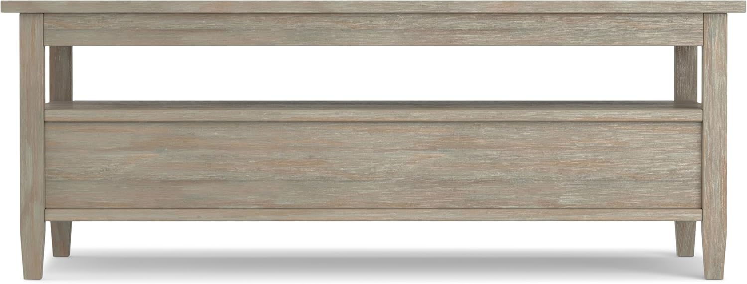 SIMPLIHOME Warm Shaker Coffee Table - 48 inch Wide Solid Wood Coffee Table in Distressed Grey, Transitional Living Room Table with 2 Drawers, Open Shelf, Shaker Fronts and Tapered Legs