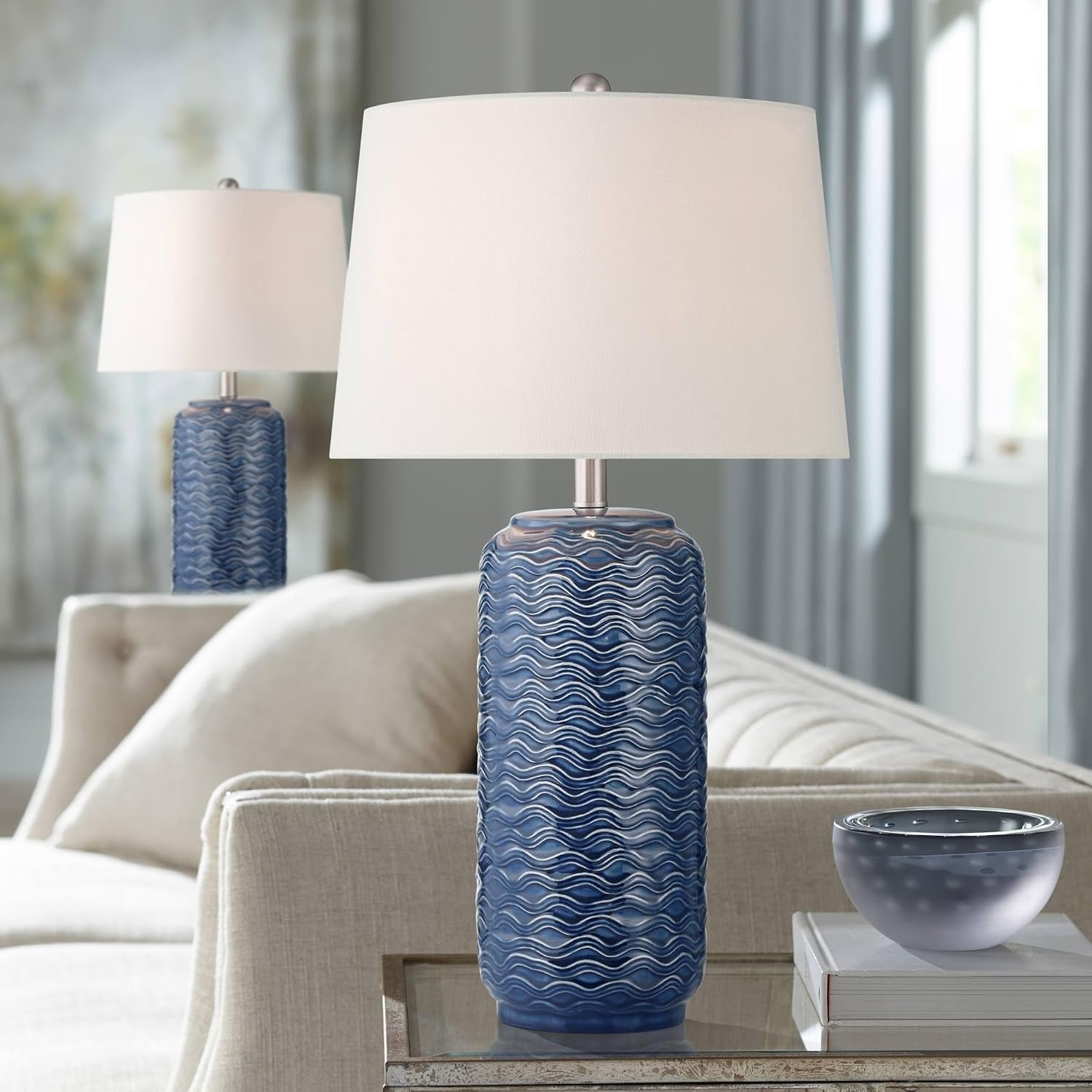 360 Lighting Waves 26 1/2' Tall Modern Coastal 3-Way Table Lamps Set of 2 Blue Ceramic Fabric White Shade Living Room Bedroom Bedside Nightstand House Office Home Reading Kitchen Entryway Console