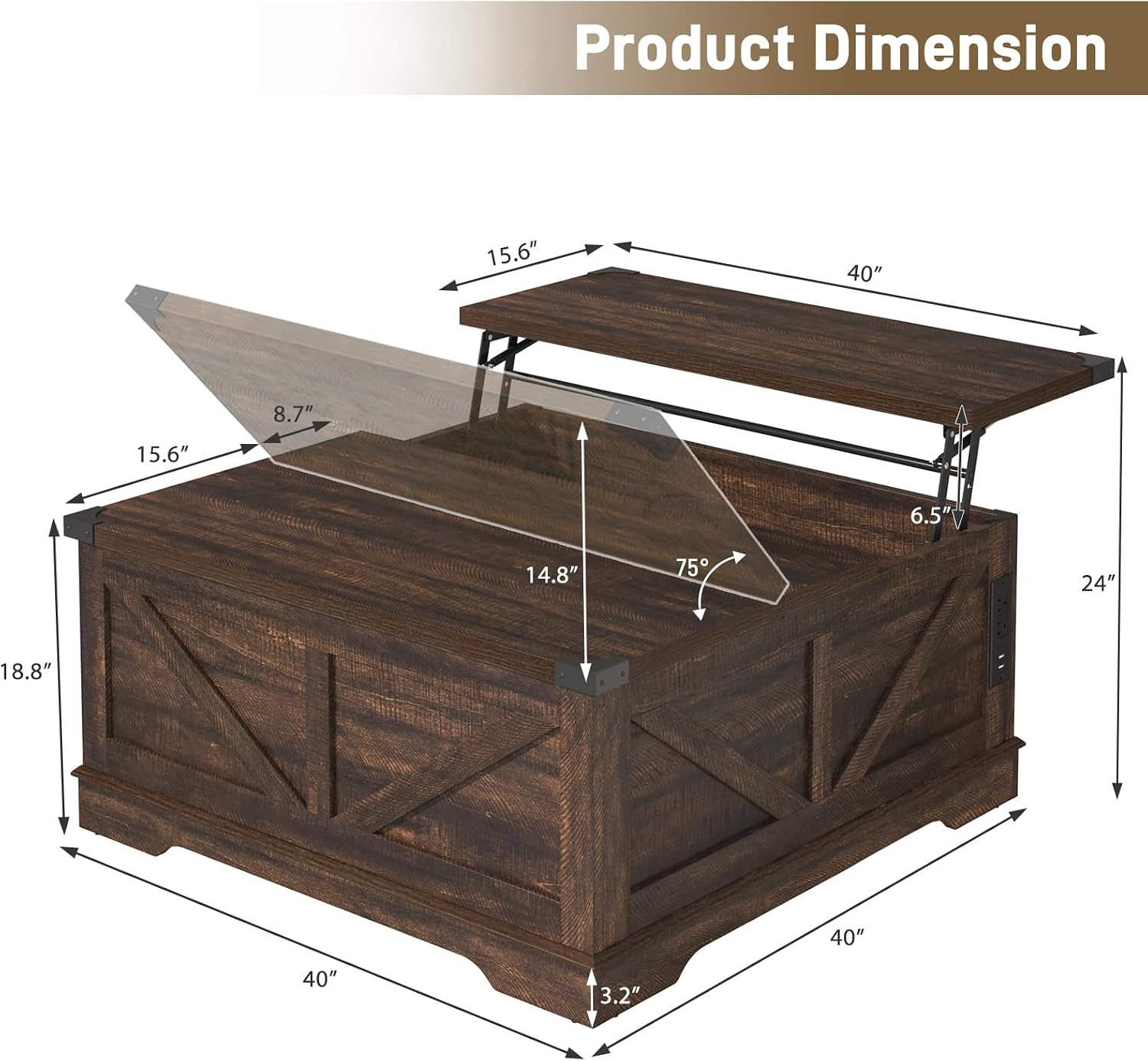 Hlivelood 40' Large Farmhouse Lift Top Coffee Table with Power Outlets and Large Hidden Storage, Square Wood Living Room Tables, Multi-Function Lift Wooden Barn Door Center Table, Brown
