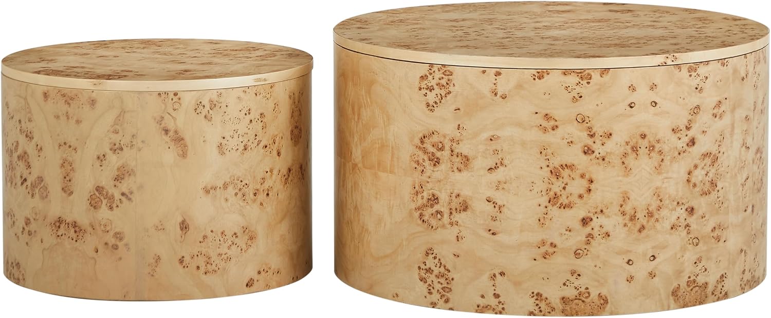 Nesting Coffee Table Set of 2 with Storage,Modern Round Burl Wood Veneer Circle Accent Side Tables for Living Room,Small Space,Bedroom,Balcony,Office,Brown(27.56'+19.69')