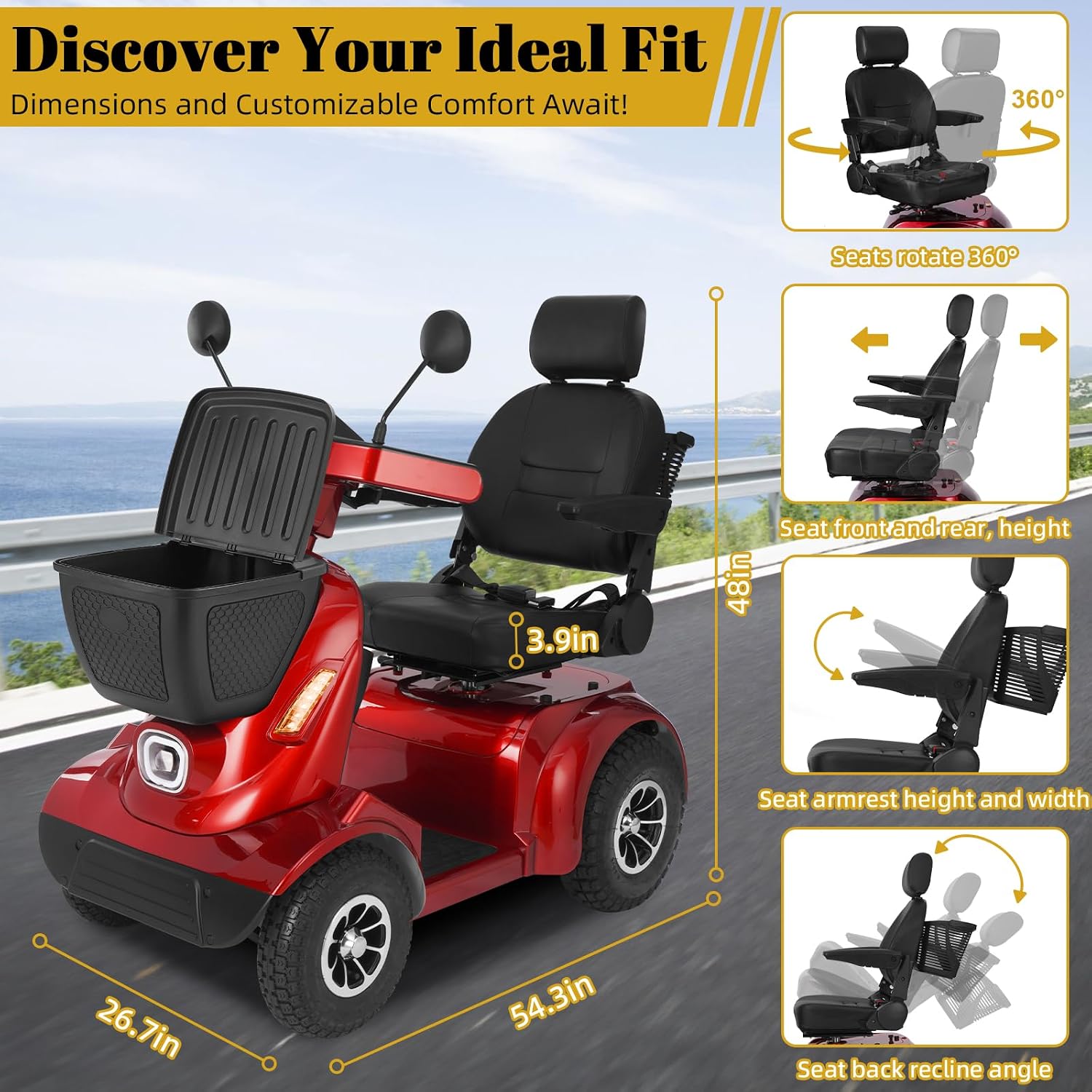 MS02 MAX All Terrain 1000W Electric Mobility Scooter for Adults& Seniors - 500LBS Load & 32 Miles Range Powerd Wheelchair Device w/Off-Road Absorber, Bluetooth Speaker, Dual Baskets, LED Light System