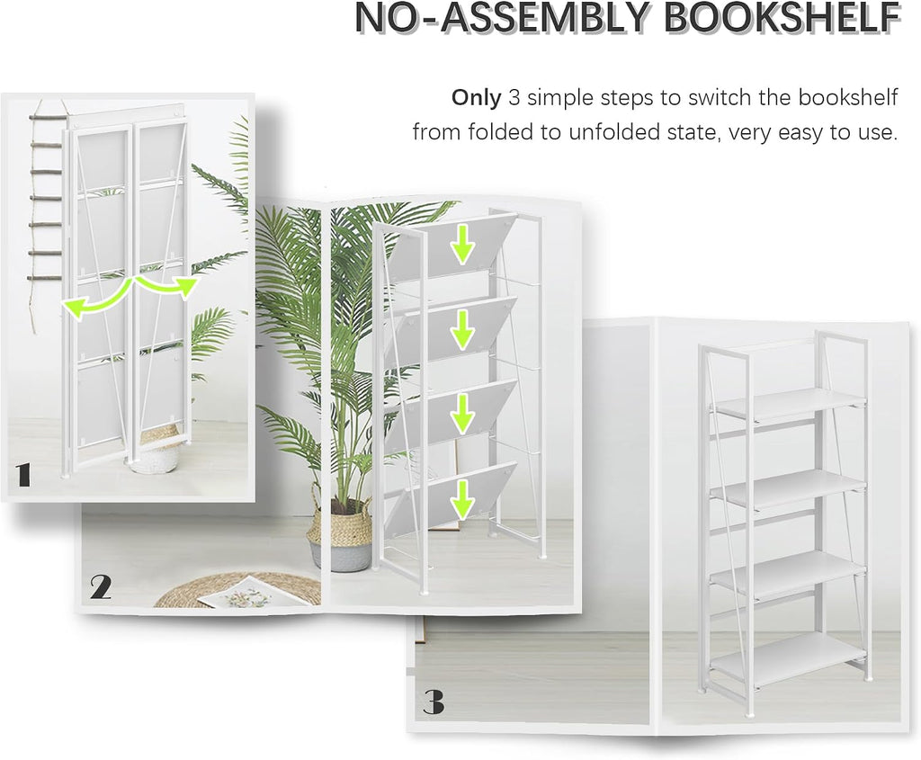 4NM No Assembly Folding Bookshelf Storage Shelves 4 Tiers Vintage Bookcase Standing Racks Study Organizer Home Office (All White)