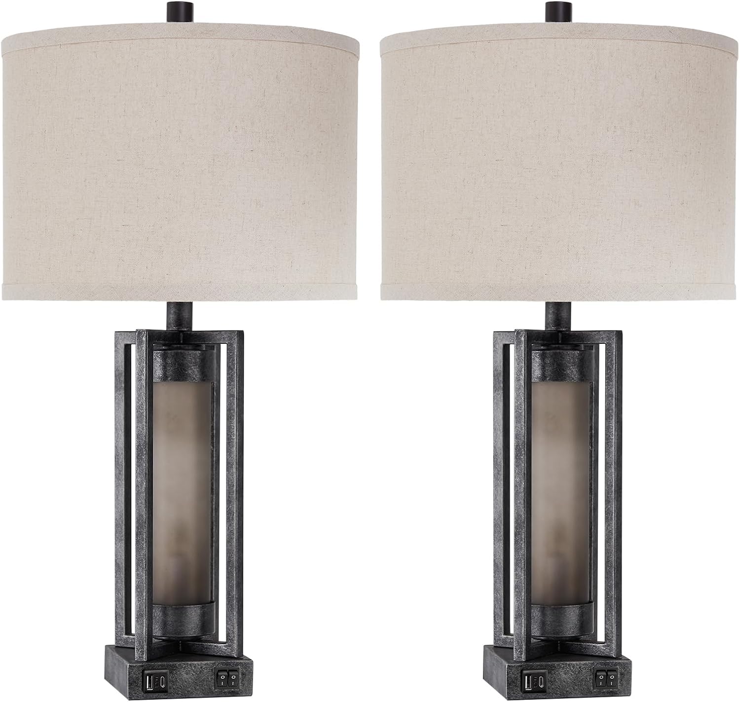 Set of 2 Industrial Table Lamps for Living Room with USB C+A, Vintage End Table Lamp for Bedroom with Gray Nightlight, Farmhouse Rustic Desk Lamp for Bedside, 4 Bulbs Included (Iron Gray)