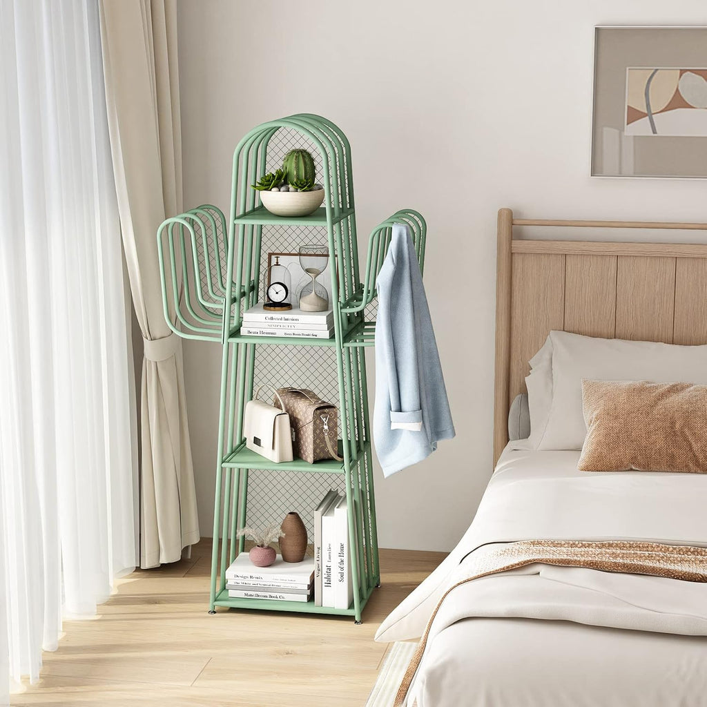 DOORXIF 4-Tier Ladder Green Bookshelves Freestanding, Cactus Bookcase Storage Organizer Closet Corner Metal Display Cabinet, Corner Bookshelf for Small Spaces, Green Bookcase for Bedroom Office