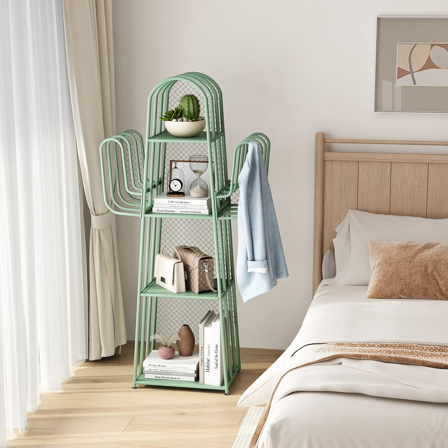 DOORXIF 4-Tier Ladder Green Bookshelves Freestanding, Cactus Bookcase Storage Organizer Closet Corner Metal Display Cabinet, Corner Bookshelf for Small Spaces, Green Bookcase for Bedroom Office