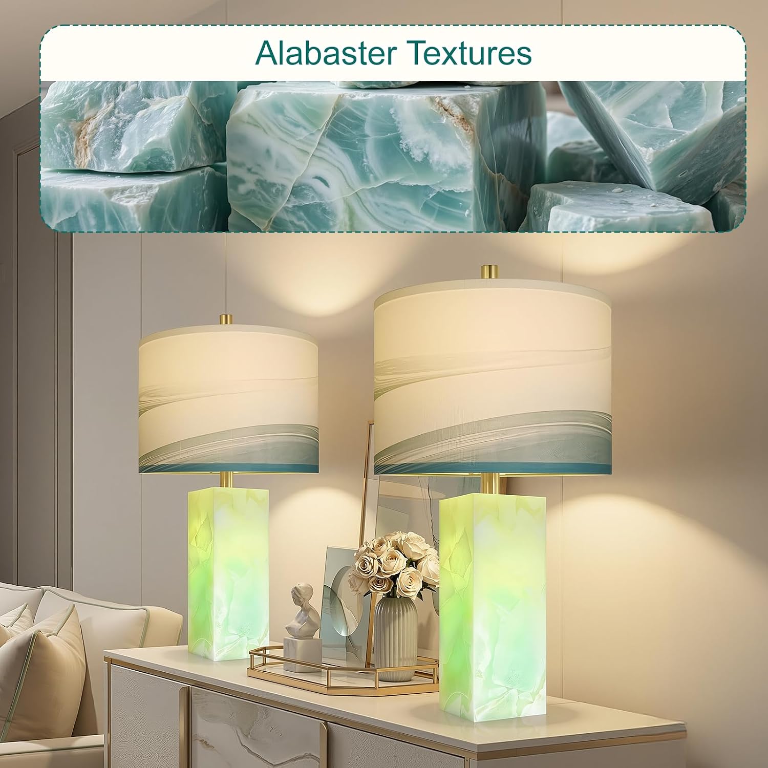 Scenekoy 23' Alabaster Table Lamp Set of 2 with Night Light for Bedroom Living Room, Rotary Switch, Blue Table Lamp with Linen Shade, Modern Nightstand Lamps for Room Bedside Bedroom (Bulb Included)