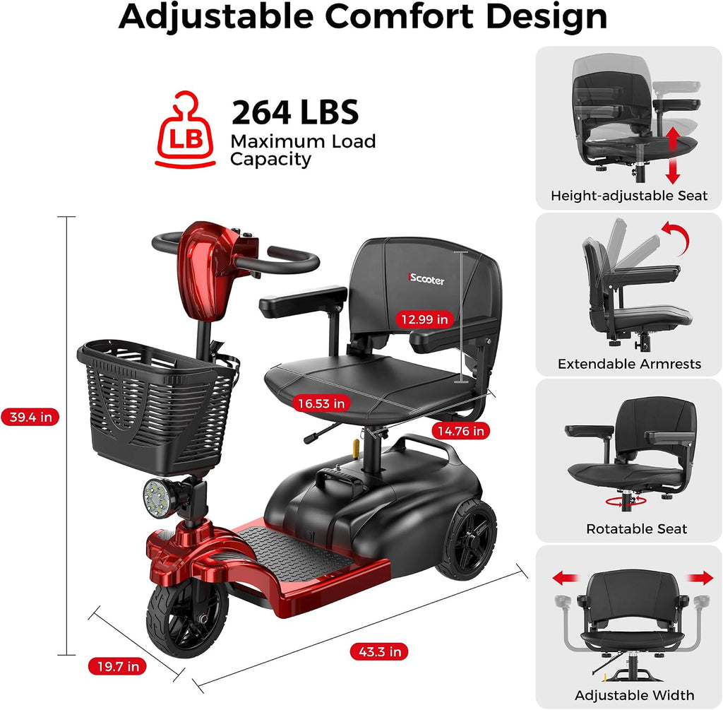 iScooter Mobility Scooter, Mobility Scooters for Adults & Seniors, Powered Electric Wheelchair Device with Seat, Detachable Basket, Cup Holder, LED Headlight, 264 lbs Capacity, Lightweight(3-Wheel)