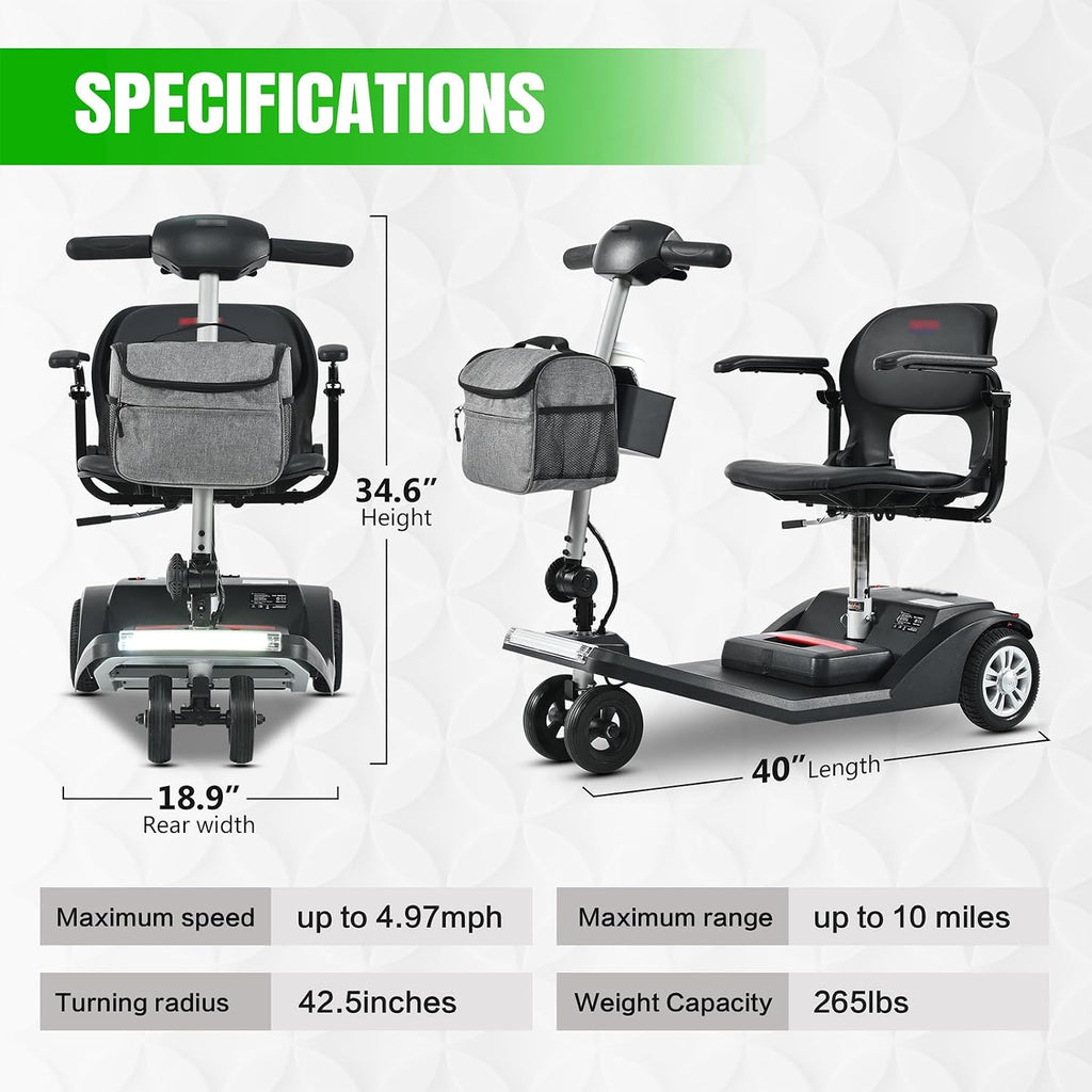 Mobility Scooters for Seniors & Adults 350 Lb Weight All Terrain,Lightweight 4-Wheel Powered Mobile Scooter,Foldable Disability Electric Wheelchair,Luxury Seat,w/Led Lights,15Miles,5MPH,Black
