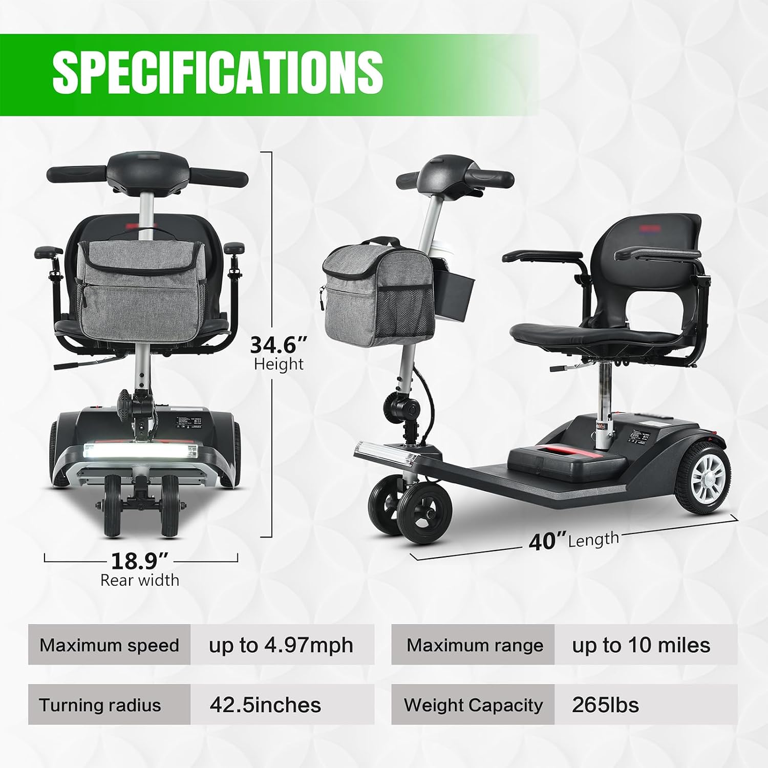 Mobility Scooters for Seniors & Adults 350 Lb Weight Foldable,All-Terrain 4-Wheel Powered Scooter,Lightweight Portable Folding Design,Disability Electric Wheelchair,w/Led Lights,15Miles,Black