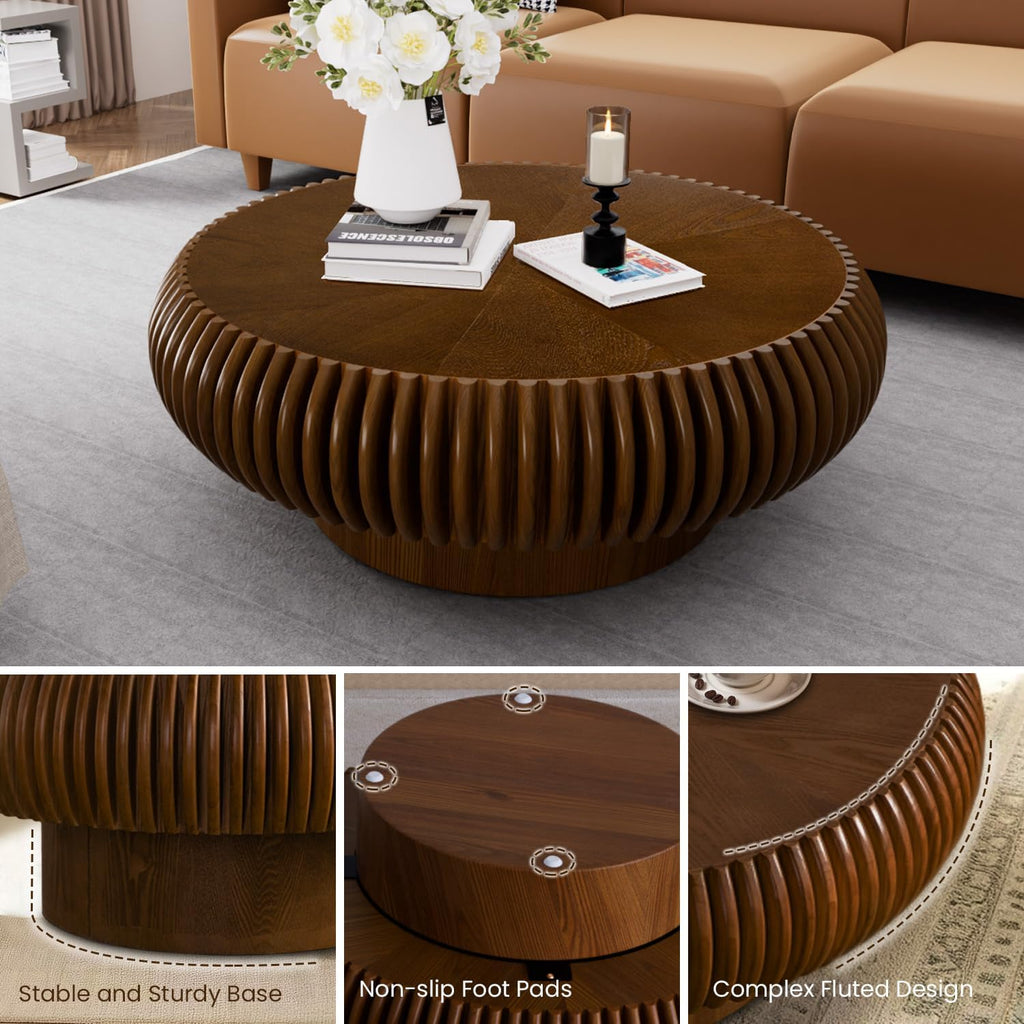 31.5' Drum Coffee Table Modern Unique Fluted Tea Table Contemporary Wood Round Coffee Table with Fluted Centry Table for Living Room Walnut (31.5' Walnut)