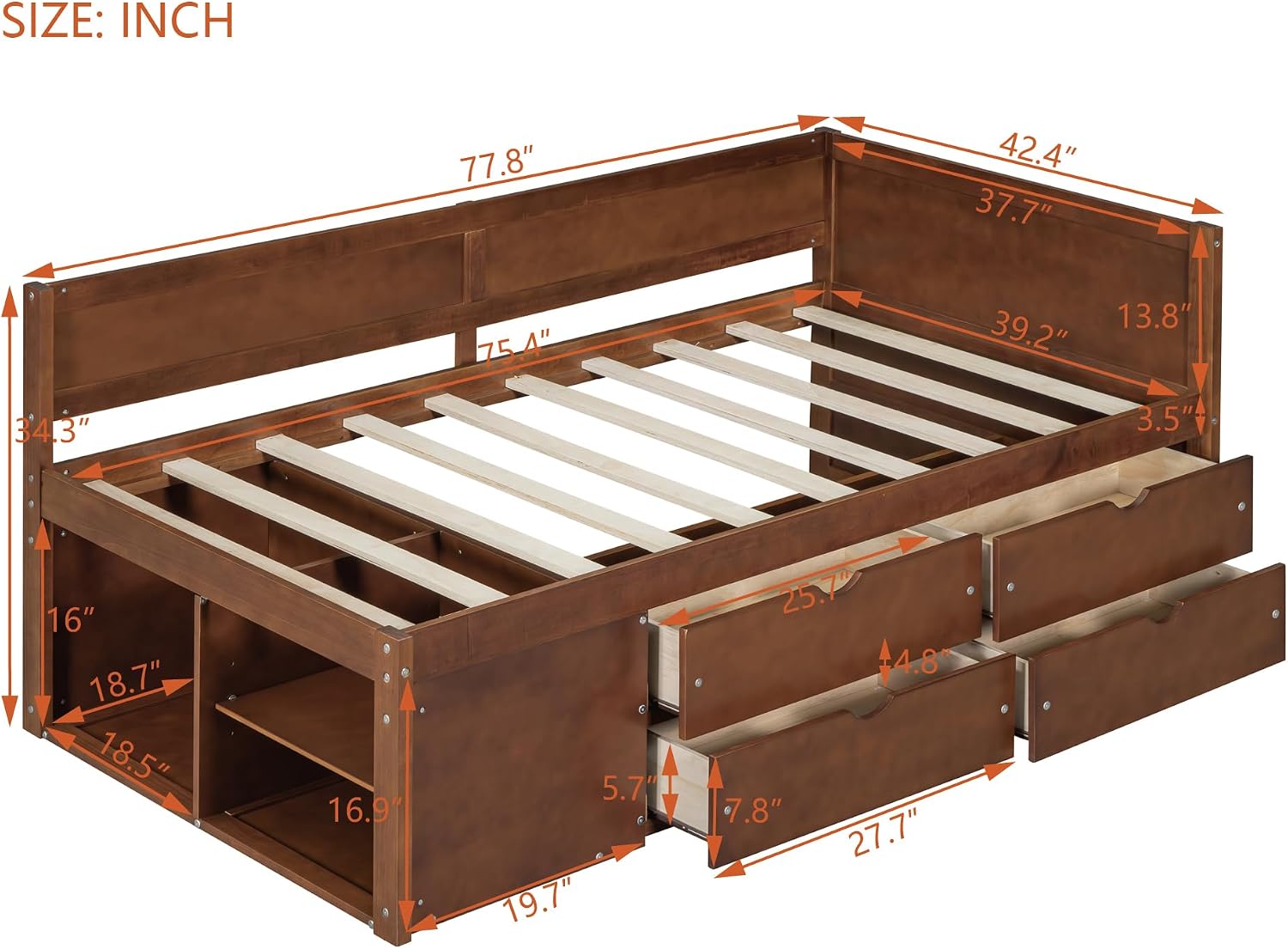 Twin Size Daybed with Storage Drawers and Shelves,Wooden L-Shaped Corner Day Bed with Headboard & Bookcase for Boys,Girls,Small Room, Guest Room, kids'Room,Walnut