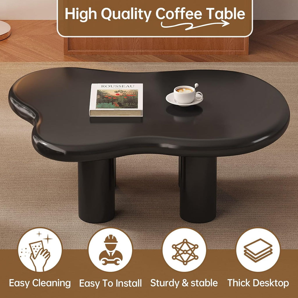 35.43' Cloud Shape Coffee Table, Modern Round Edge Black Coffee Table with 4 Sturdy Support Legs and 2.28' Thick Tabletop for Living Room, Bedroom