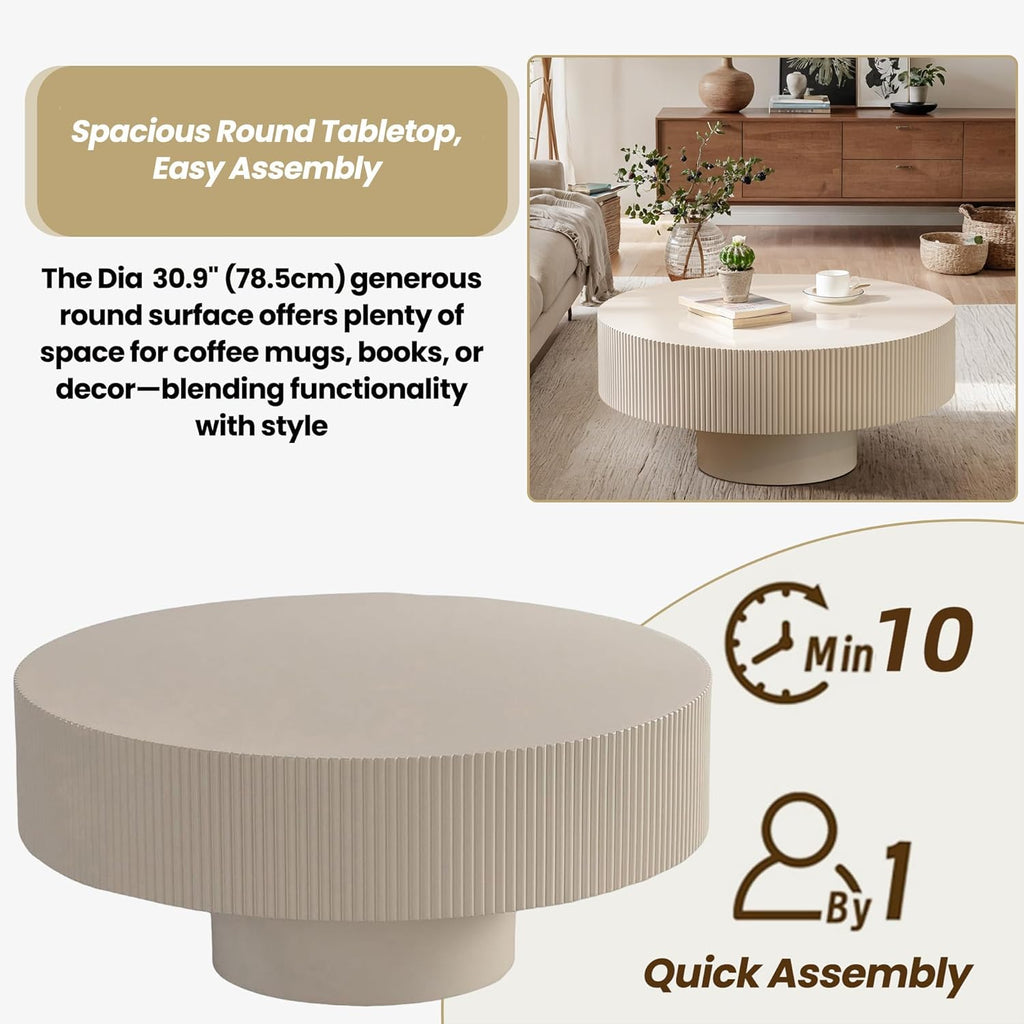 Round Drum Coffee Table with Sturdy Pedestal, Modern Wooden Fluted Coffee Table, Circle Center Table Accent Tea Table for Living Room Apartment Office Reception Room (Beige D30.9)