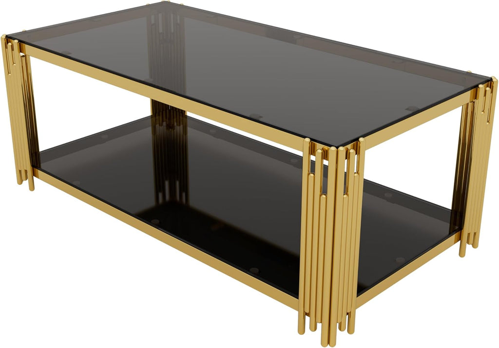 Merax Table Set of 3, with 1 Rectangle Coffee Table & 2 Square End Tables, Black Mirror, Asymmetrical Metal, Gold Finish & Lower Shelf, for Living Room Apartment, Black
