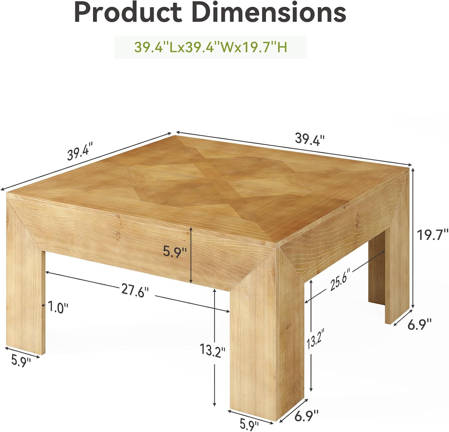 LITTLE TREE 39.4' Solid Wood Coffee Table, Square Coffee Table with Intricate Inlaid Top & Sturdy Legs, Rustic Center Tables for Living Room, Easy Assembly, Brown, 39.4' L x 39.4' W x 19.7' H