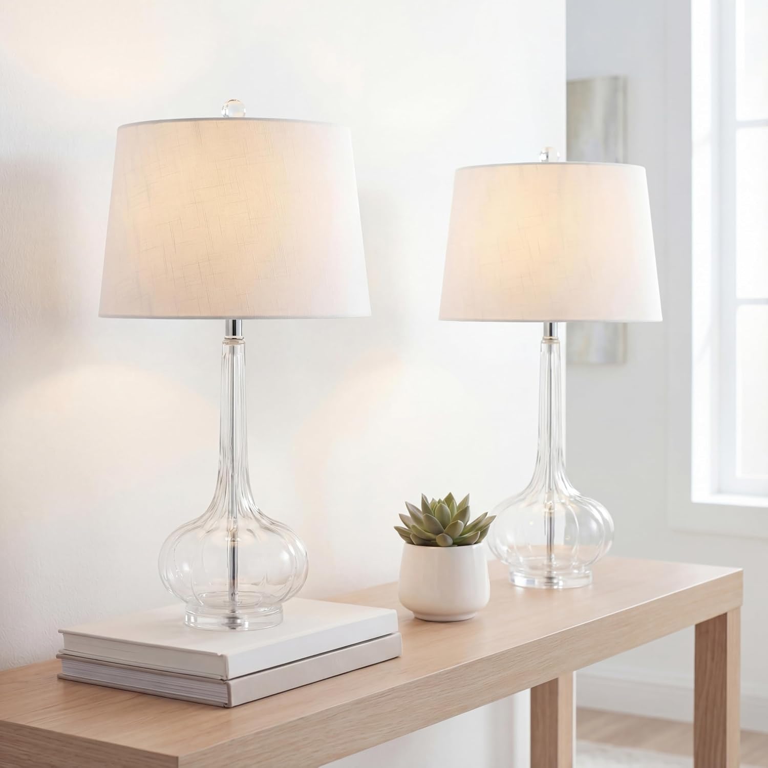JONATHAN Y 28.5' Clear Glass Teardrop LED Table Lamp Set of 2 for Living Room Bedroom Nightstand, White Linen Shade Modern Transitional Bedside Desk Lamp (JYL1079C-SET2)