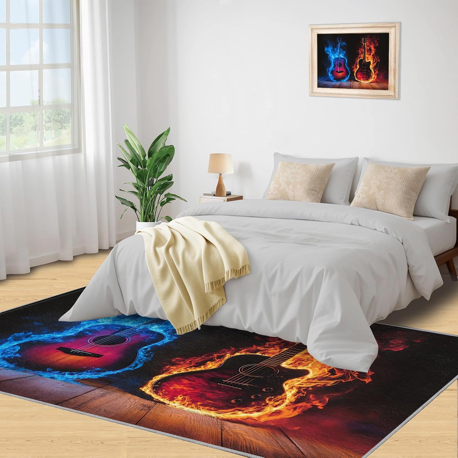 Guitar Rug 5x7-5x7 Rug, Ice and Fire Area Rugs for Living Room, Passion Rock Washable Area Mat for Bedroom, Musical Instrument Carpet, Boys Room Carpet - Guitar Home Decor & Gift