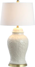 JONATHAN Y 29.5' Cream Ceramic Chinoiserie Table Lamp, Traditional Ginger Jar Lamp for Living Room Bedroom, White Linen Empire Shade, Brass Gold Base, LED Bulb Included JYL6604A