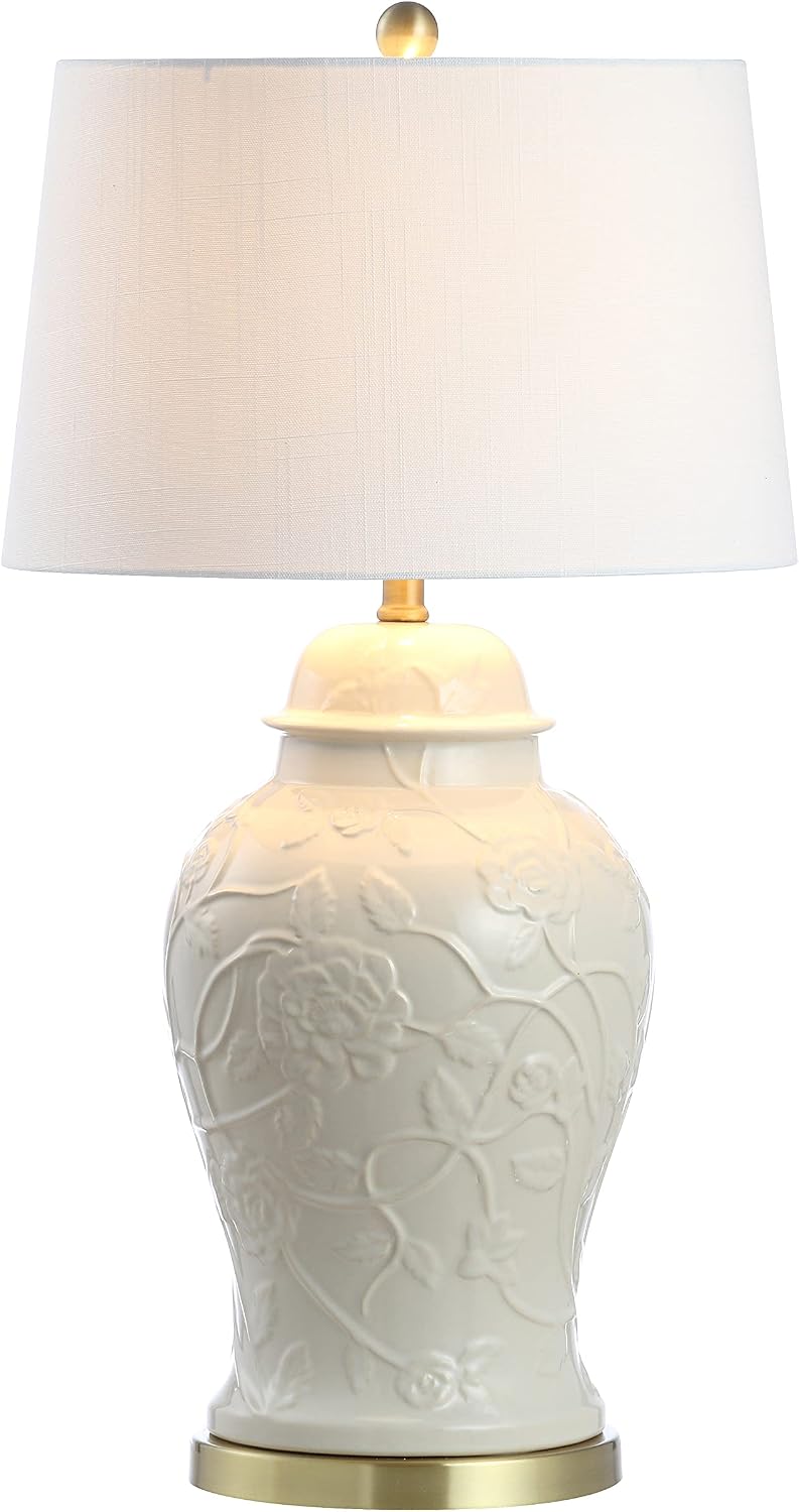 JONATHAN Y 29.5' Cream Ceramic Chinoiserie Table Lamp, Traditional Ginger Jar Lamp for Living Room Bedroom, White Linen Empire Shade, Brass Gold Base, LED Bulb Included JYL6604A