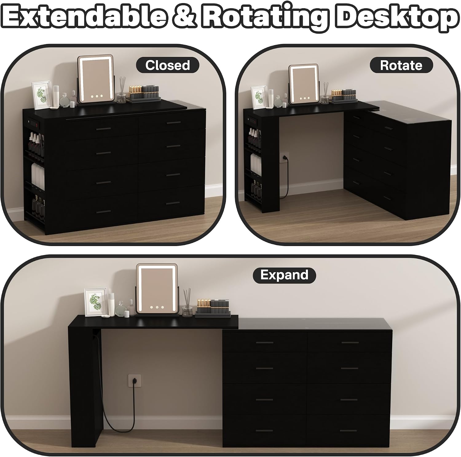 Black L Shaped Vanity Desk with LED Lighted Glass Top, Extendable Makeup Desk with 8 Drawers, 3 Open Shelves & Power Outlets, Corner Dressing Table for Bedroom